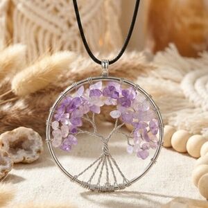 Boho Chic Tree Of Life Necklace Genuine Amethyst Crystals Silver Plated Charm